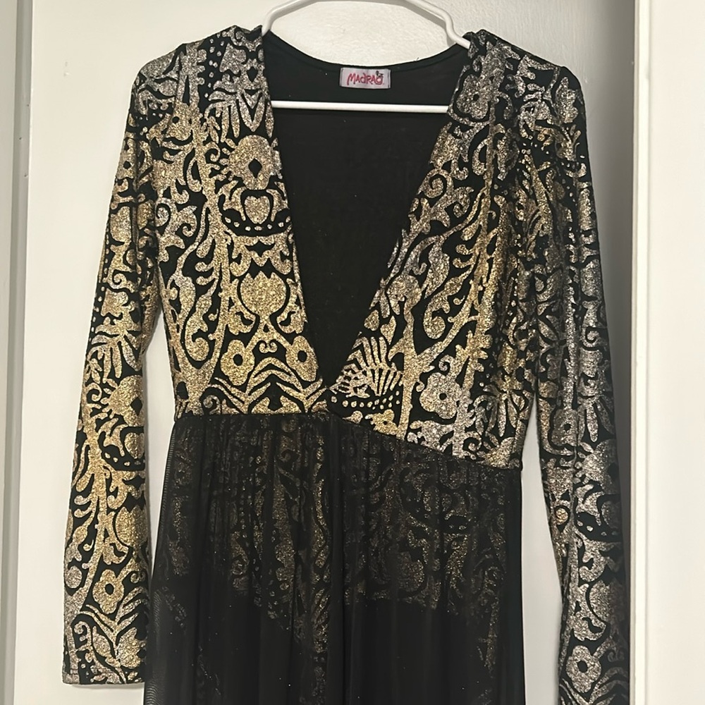 Madrag black and gold long dress with long sleeves bodysuit